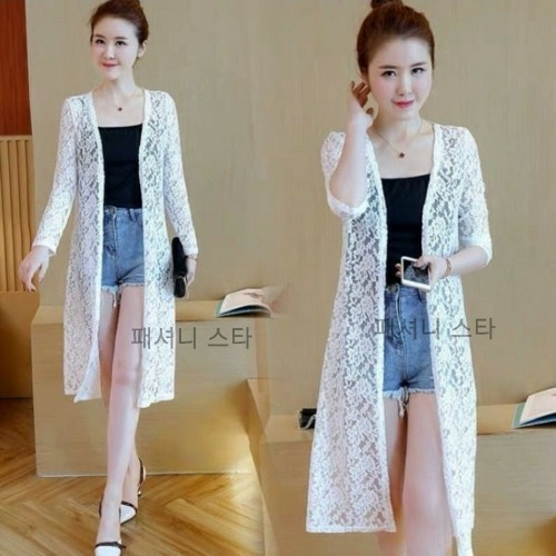 Kardigan Outerwear Wanita  Gardigan Cardigan Auter Cewek Panjang Kekinian Import Korea Bahan Brokat-White