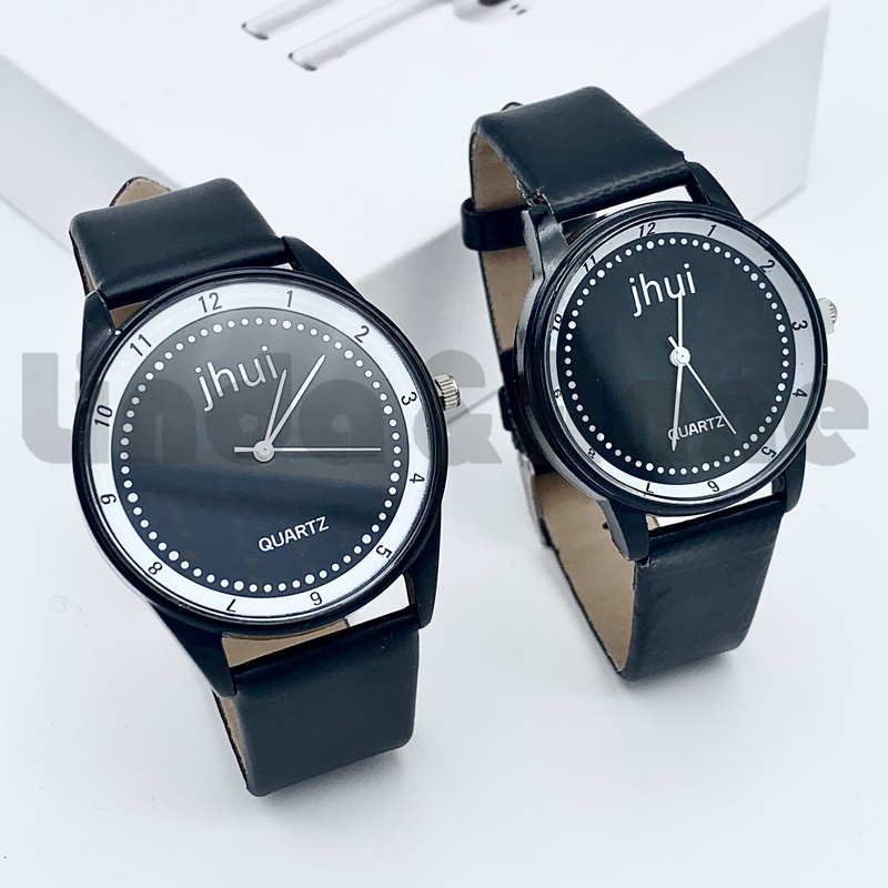 Jam Tangan Jhui Analog Quartz Pria Dan Wanita Strap Pu Hitam Casual Import