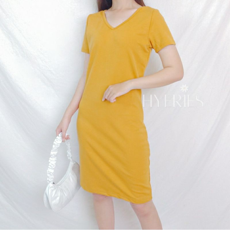 HYERIES BRYN Casual Dress Korea Polos Vneck Lengan Pendek Midi Dress Bodycon Selutut Dress Scuba