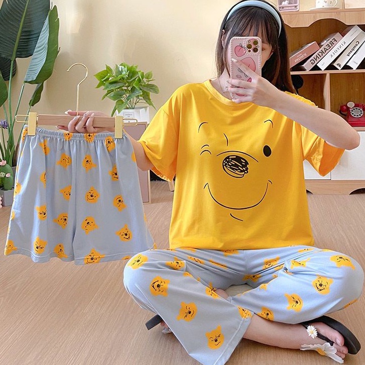 Baju Tidur Wanita Setelan 3 IN 1 Oversize Lengan Pendek Celana Panjang Dan Pendek Bahan Adem Lembut