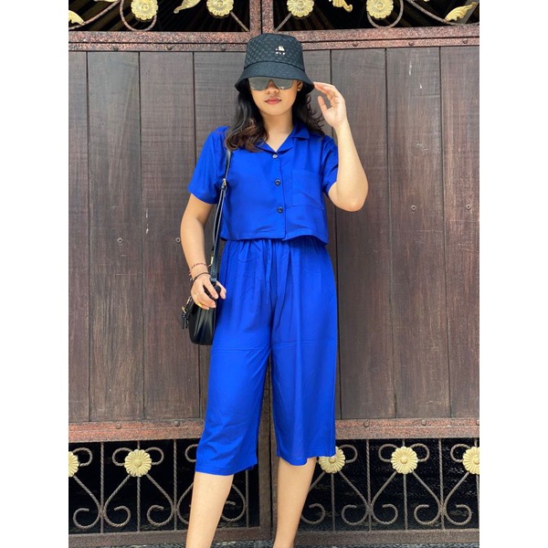 Oneset Crop Sinta  / Set Rayon Crop / New One Set-Biru