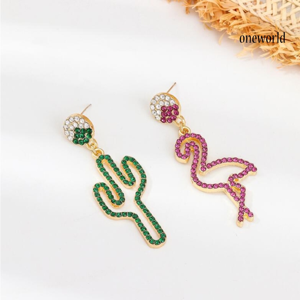 OW# Women Hollow Rhinestone Cactus Flamingo Dangle Asymmetric Stud Earrings Jewelry