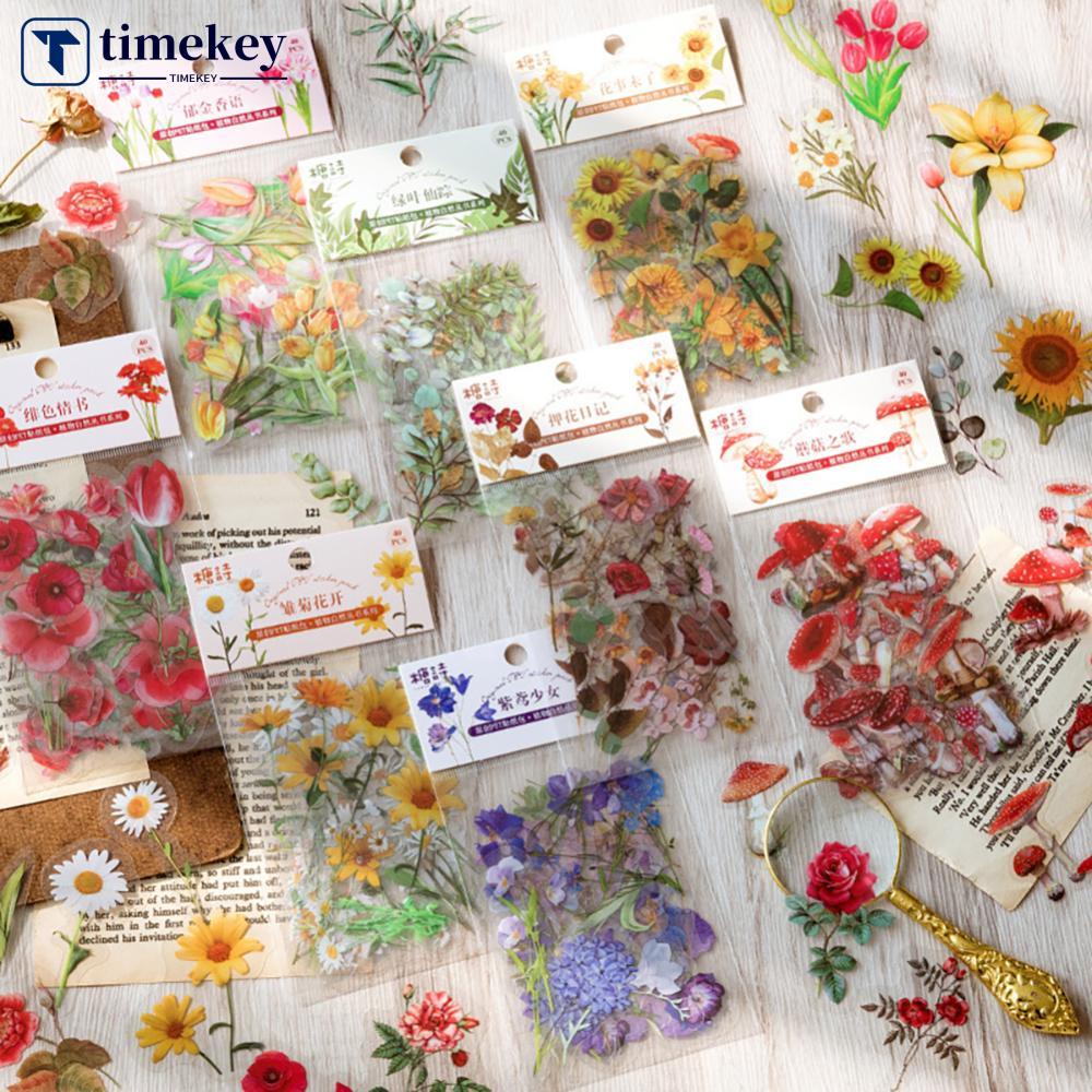 Timekey 40Pcs Stiker PET Motif Tanaman Bunga Vintage Untuk Dekorasi Diaryjurnalalbumscrapbook DIY K2Q4