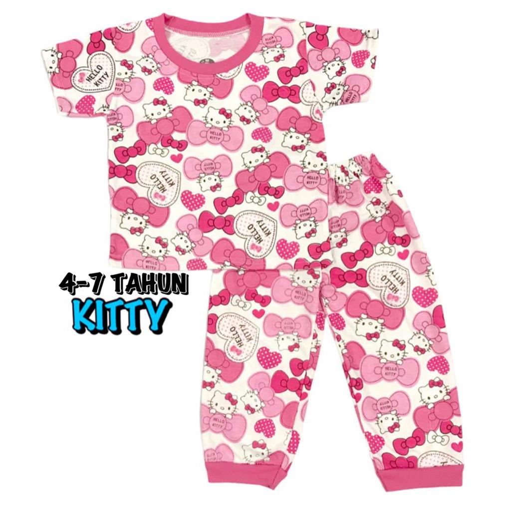 (1 KG MUAT 6 STEL) BAJU TIDUR CP ANAK KIDS PEREMPUAN/CEWEK SETELAN BAHAN KAOS KATUN 4-7 TAHUN KITTY/HK/CAT/KUCING