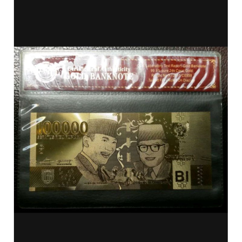 uang souvenir gold foil bank note 100.000 rupiah soekarno hatta