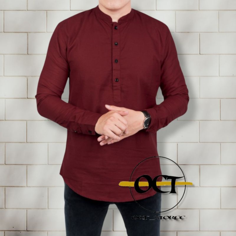 Koko Kurta Polos Pria Dewasa Lengan Panjang Bahan Katun Toyobo Tojiro Ukuran M L XL Maron Putih Grey