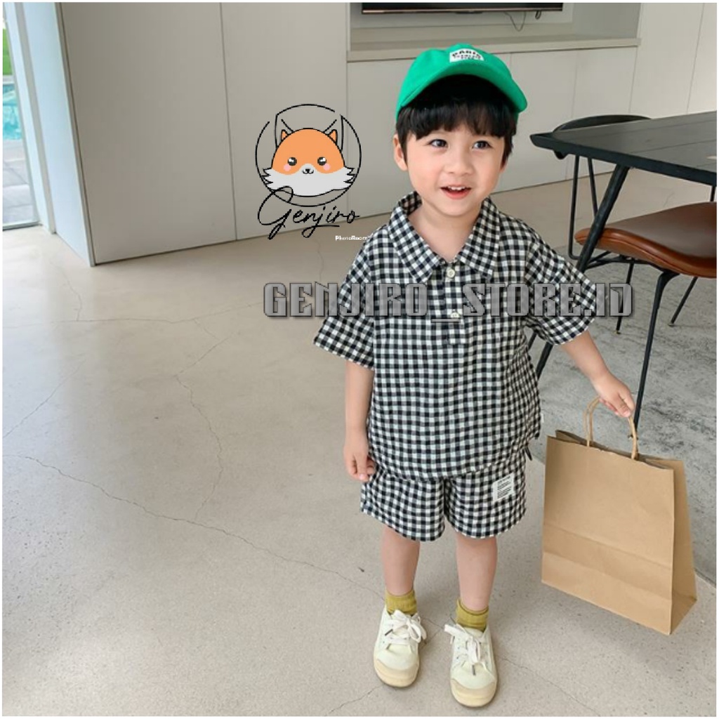 SETELAN ANK LAKI LAKI/ SETELAN WANGKY KOTAK KOTAK/BAWAH TALI +APLIKASI STOPER/BAJU GENJIRO/UNTUK ANAK USIA 1-4 TAHUN/BISA COD