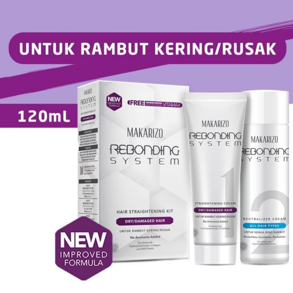 Makarizo Rebonding System Hair Straightening Dry/Damaged Hair | Extremely Curly | Curly Hair 120 ml | Pelurus Rambut