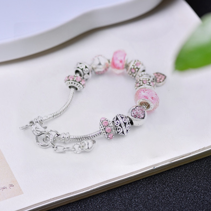 Pink Crystal Beads Butterfly Charm Bracelet For Women DIY Jewelry Silver Plated Snack Chain Bracelets For Girls Gift