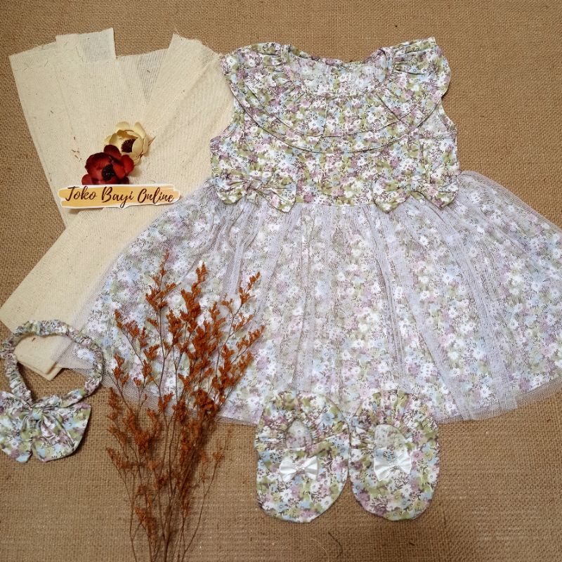 Dress bayi 0 6 12 bulan set sepatu bandana / bonnet Setelan Baju bayi Perempuan 100% Katun SNI Pakaian anak Cewek-3-12bln bandana ungu