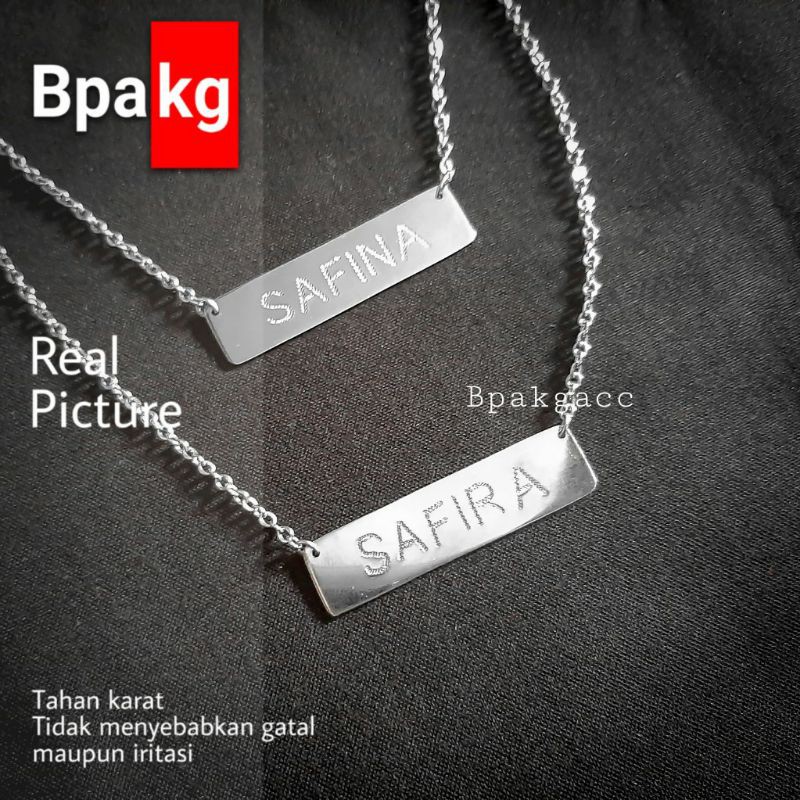Kalung ukir nama plate kalung custom nama simple kotak kalung nama anti karat besi putih asli silver