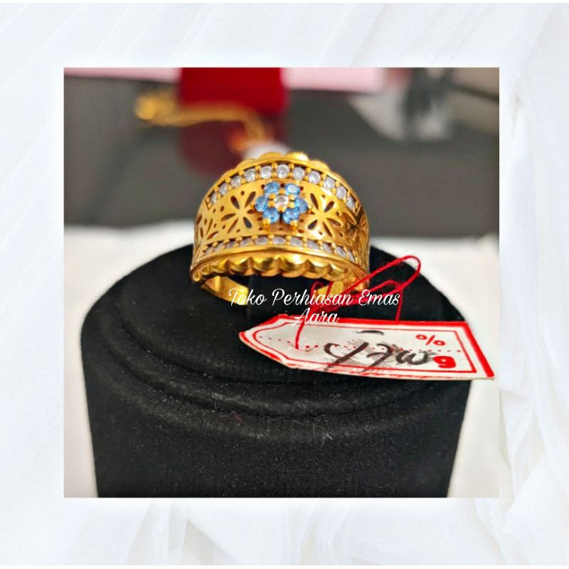 Cincin Emas 375 Cor Stempel Permata Biru