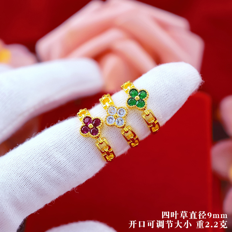 Cincin Model Terbuka Desain Daun Clover Empat Aksen Berlian Lapis Emas Gaya Jepang Dan Korea Untuk Wanita