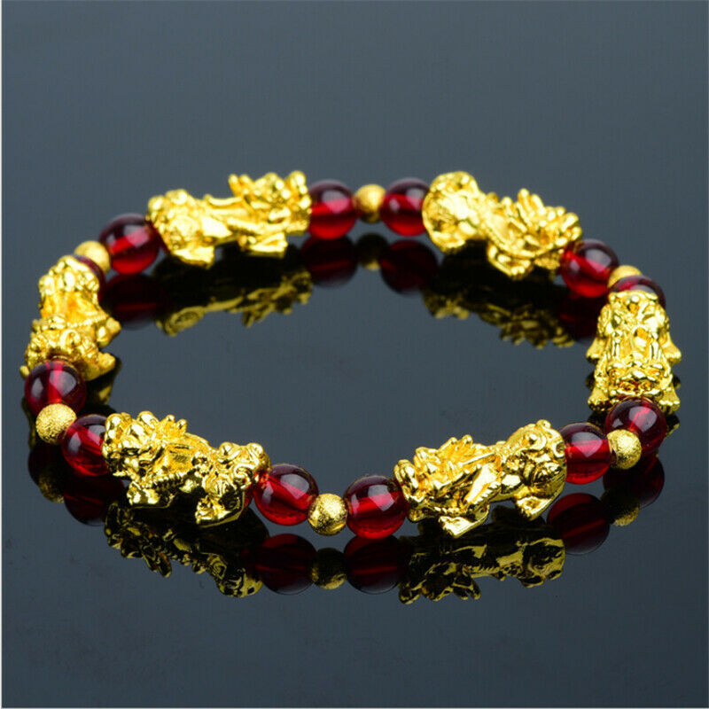 Unisex Wealth Feng Shui agate Golden PIXIU Wealth Beads Bracelet Attract Wealth and Good Luck Jewelry Gift