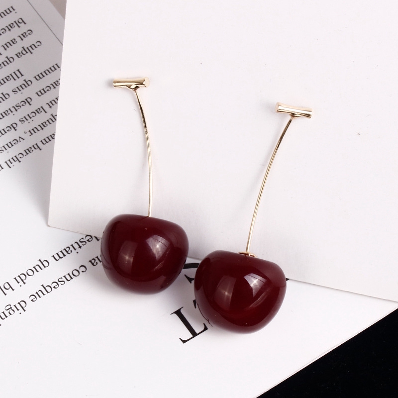 Anting Panjang Desain Buah Cherry Bahan Resin Gaya Korea Untuk Wanita