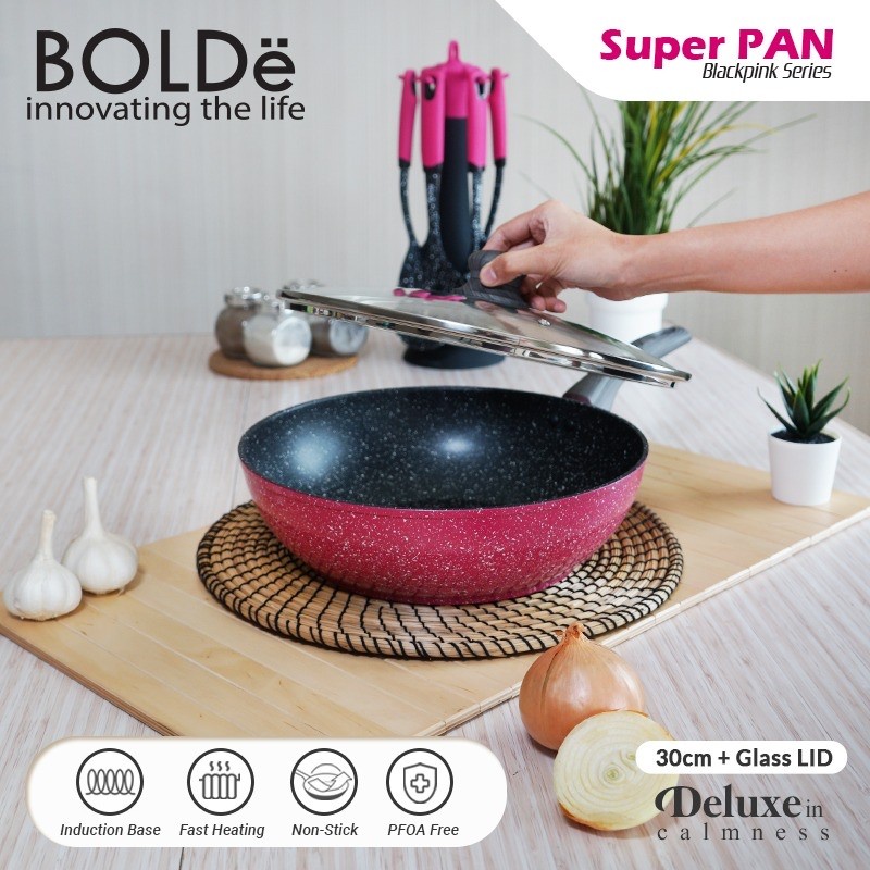 BOLDE Super Pan Wok 30 cm Super Pan Black Pink + Tutup Kaca