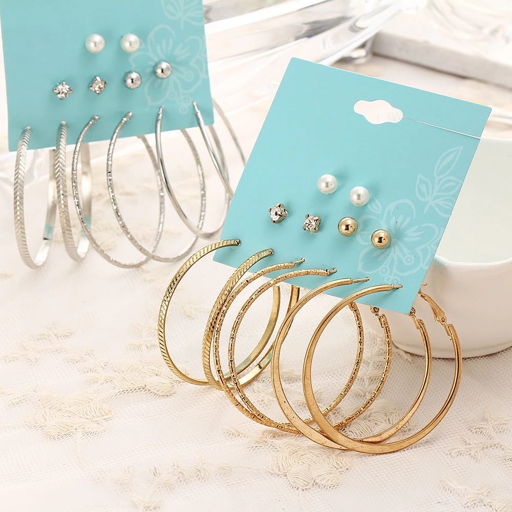 SET 6PCS Anting Gaya Korea Mutiara Lingkaran Permata untuk Wanita Women Earrings Piercing