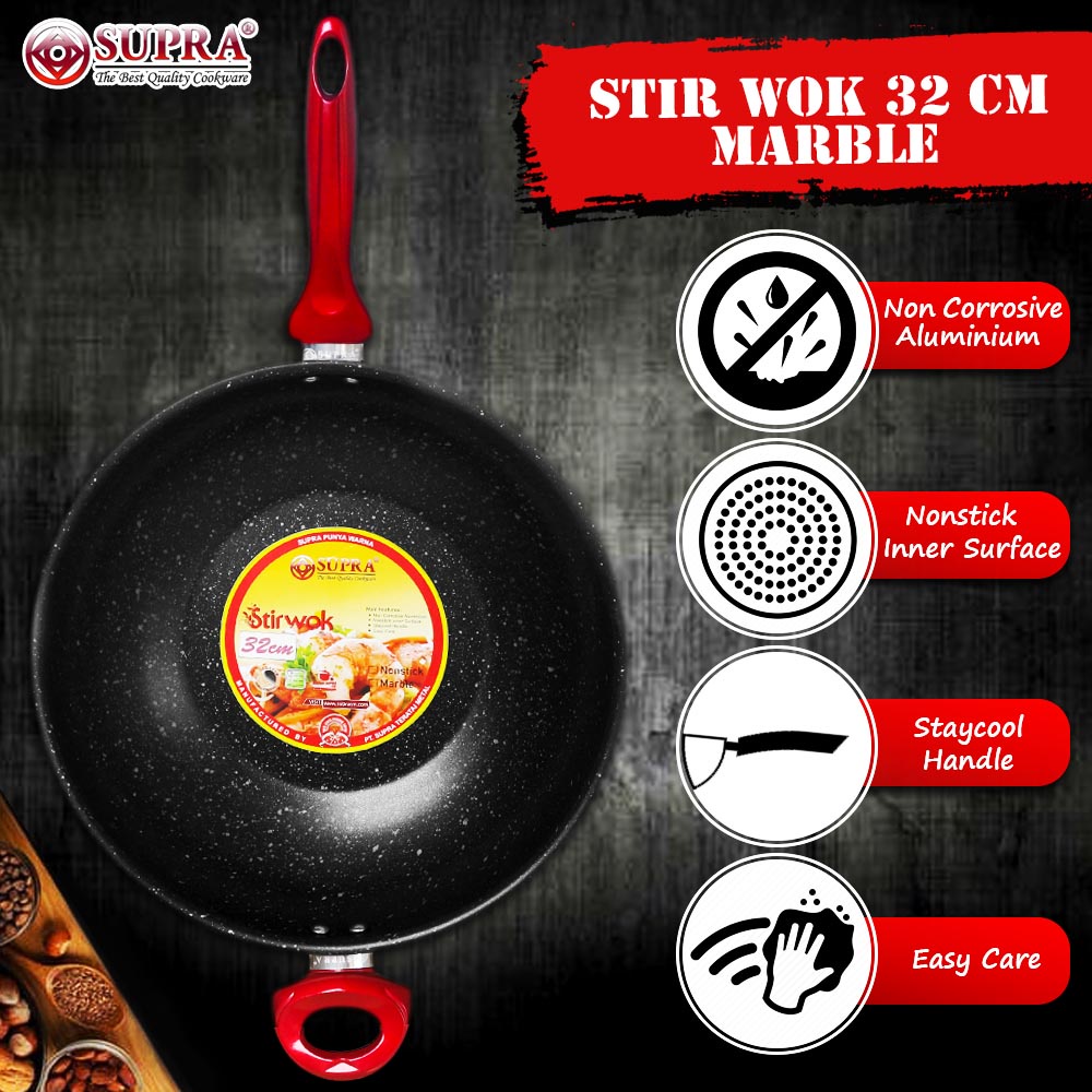 FM - Supra Wajan Anti Lengket Stir Wok 32 cm Stainless steel Marble /  Penggorengan Anti Lengket