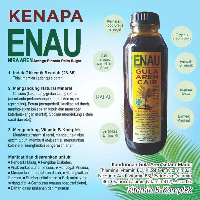 

GULA AREN CAIR ORGANIK ENAU 100% MURNI NIRA AREN KEMASAN 5 LITER