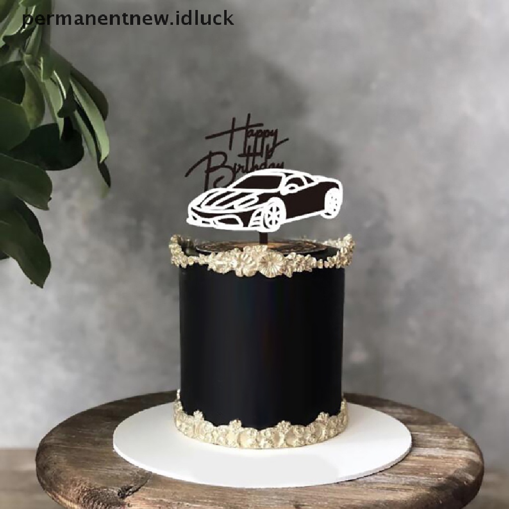 Topper Kue Bentuk Mobil Motor Happy Birthday Bahan Akrilik Warna Emas