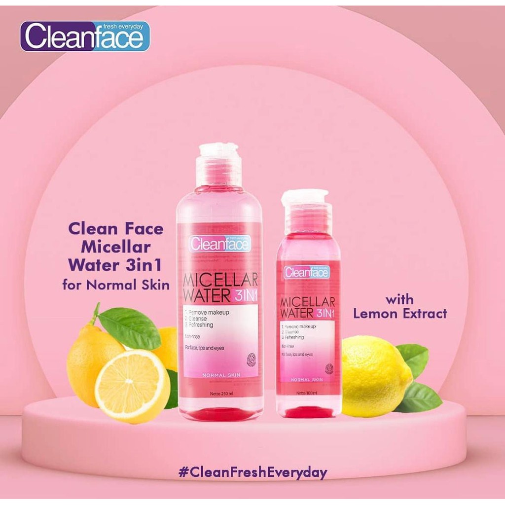 CLEAN FACE Purbasari Micellar Water 3in 1 100ml - Oily Skin With Extract Cherry | Normal Skin With Extract Lemon