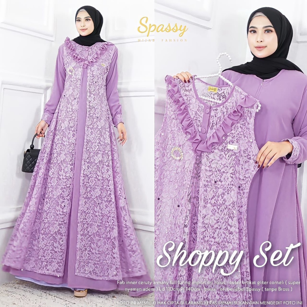 Shoppy Set 2 in 1 Gamis + Outher Busui Friendly Bahan Ceruty Full Furing mix Brukat