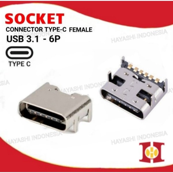 Socket Konektor Soket USB 3.1 Type C Female 6Pin PCB SMT HD Connector - 10pcs