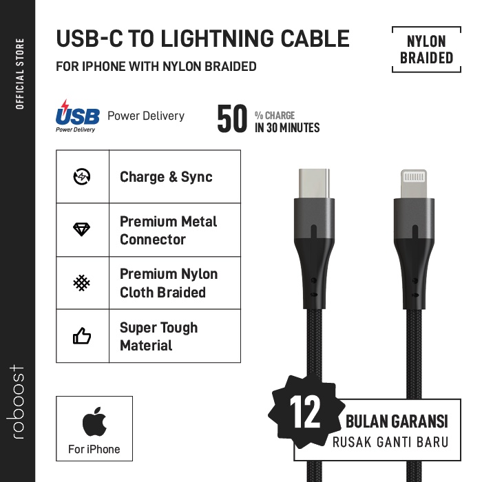 roboost kabel data apple iphone mfi certified fast charging nylon braided usb c lightning pd cable