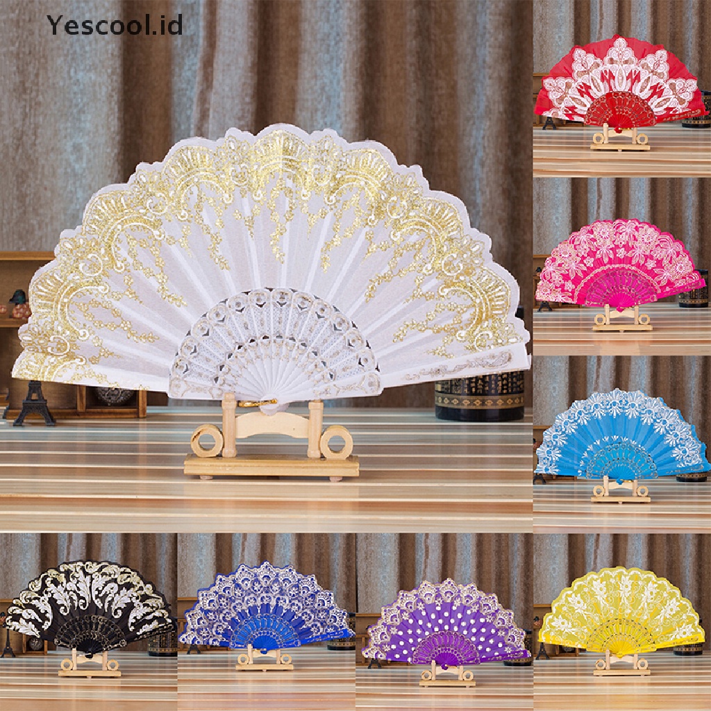 【Yescool】 1 Pcs Fabric Folding Fan Lace Flower Painting Pattern Polyester Fan 7 Styles .