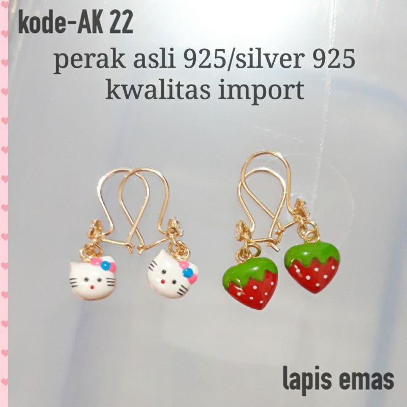 ANTING KAIT STAWBERRY HELLO KITTY PERAK 925 ASLI LAPIS EMAS PUTIH/ANTING ANAK/ANTING BAYI