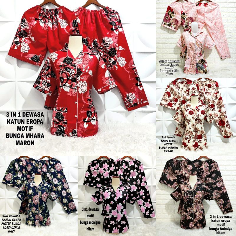 BAJU TIDUR PIYAMA 3IN1 DEWASA MOTIF BUNGA