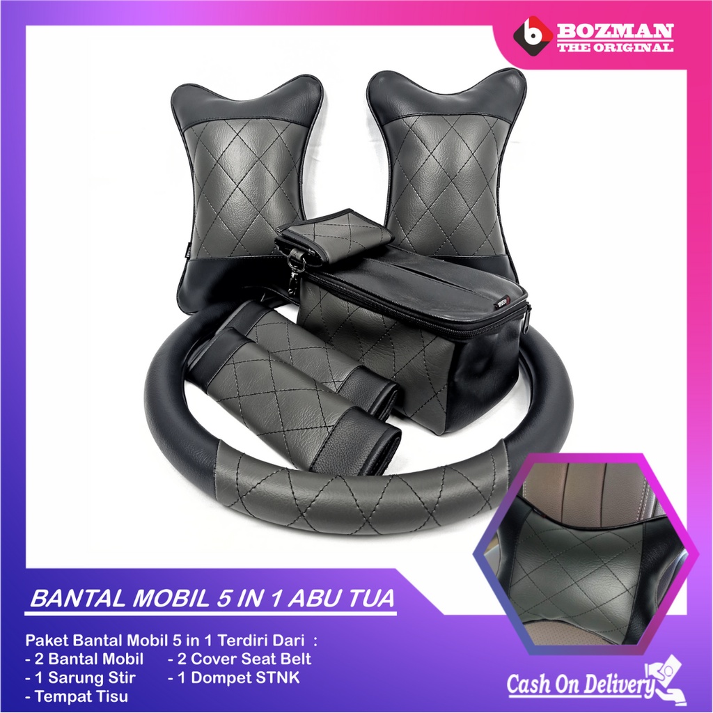 Set Bantal Mobil 5 in 1 Premium Bantal Leher Cover Stir Seatbelt Tempat Tisu Free Dompet STNK