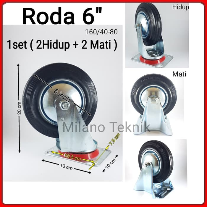 Roda troli 6 inch (2H+2M) Roda karet etalase