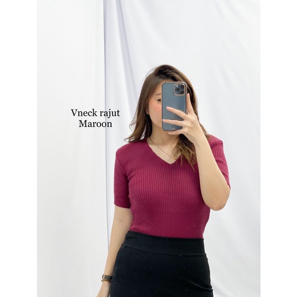 MDLV ~ V-Neck Rajut Atasan Rajut Atasan Kerah V Rajut Basic Fashion Wanita