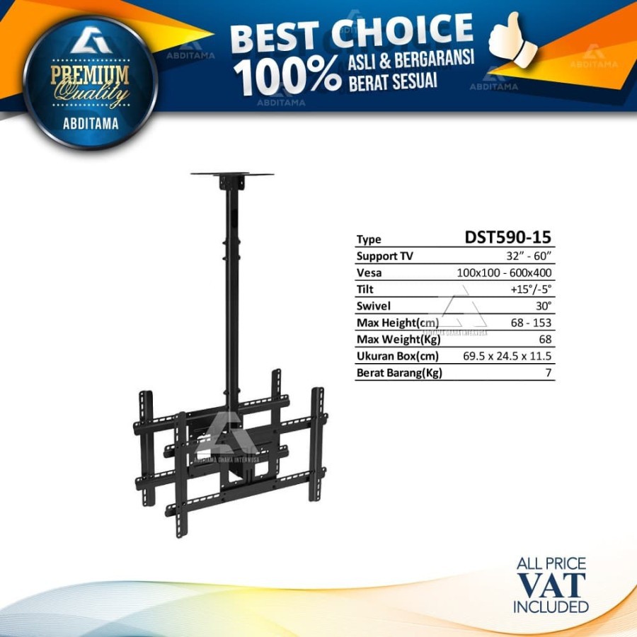 Bracket 2 Dual TV Ceiling Gantung Plafon DST590-15 32&quot;-60&quot; Tilt Swivel