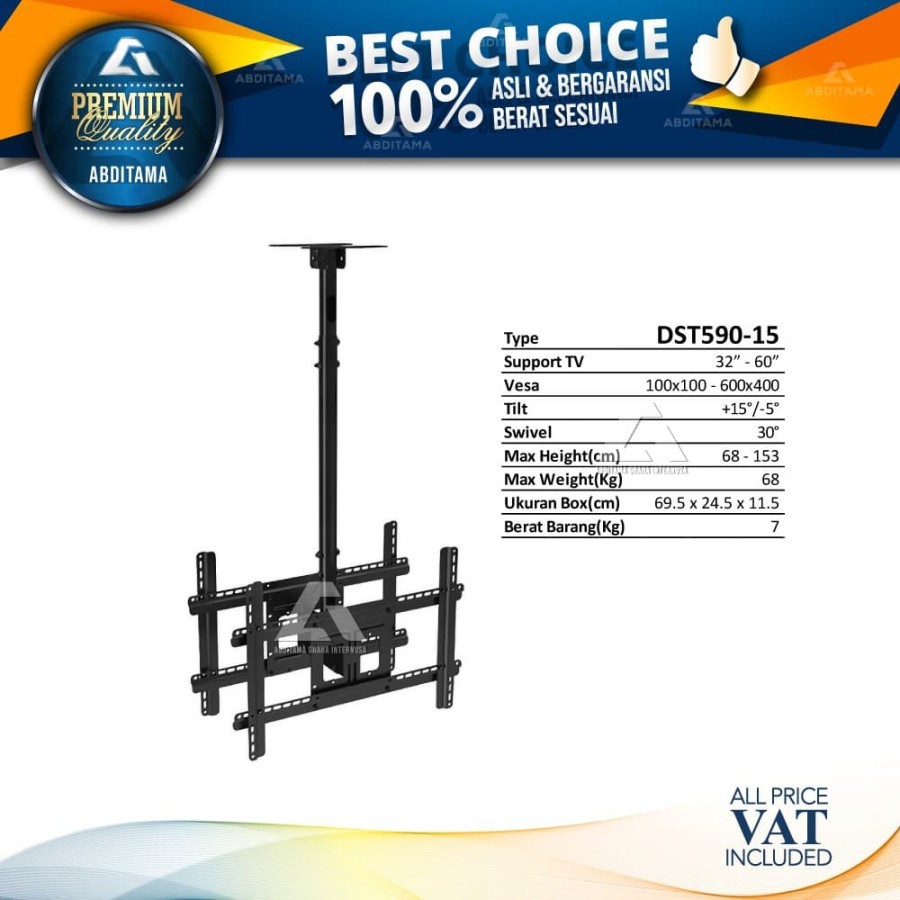 Bracket 2 Dual TV Ceiling Gantung Plafon DST590-15 32&quot;-60&quot; Tilt Swivel