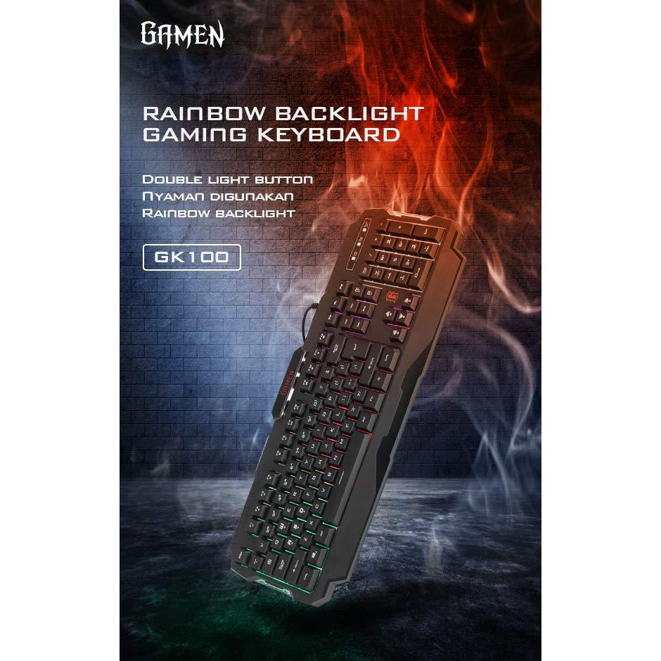 GAMEN GK100 Rainbow Backlight Gaming Keyboard Waterproof Double Light Button