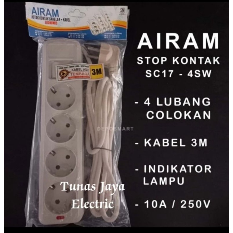 Stop Kontak Arde 4Lb + Kabel Tembaga 3 Meter AIRAM (Standar SNI)