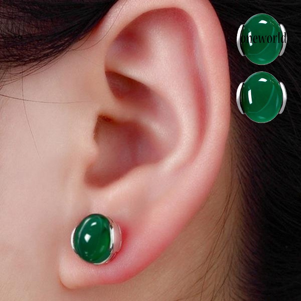 OW@ Fashion Women Natural Green Agate Stone Inlaid Plated Stud Earrings Jewelry Gift