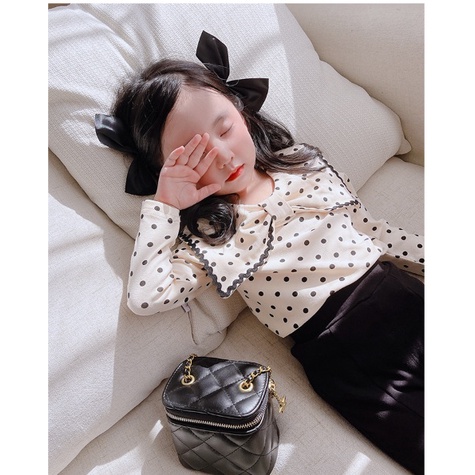 SETELAN ANAK CEWEK CREAM POLKADOT CELANA HITAM  STELAN ANAK CEWEK PITA POLKA CREAM 100-140 PROMO