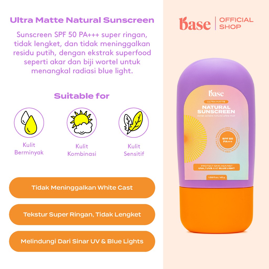 [BEST SELLER] BASE Ultra Matte Natural Sunscreen SPF 50 PA+++ 45 gr Bebas Minyak Anti Kusam [BPOM]