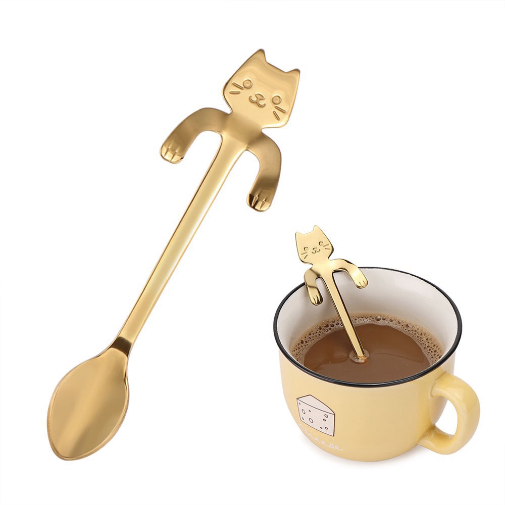 Sendok Teh/Kopi Bentuk Kucing Bahan Stainless Steel 304 Untuk Peralatan Dapur