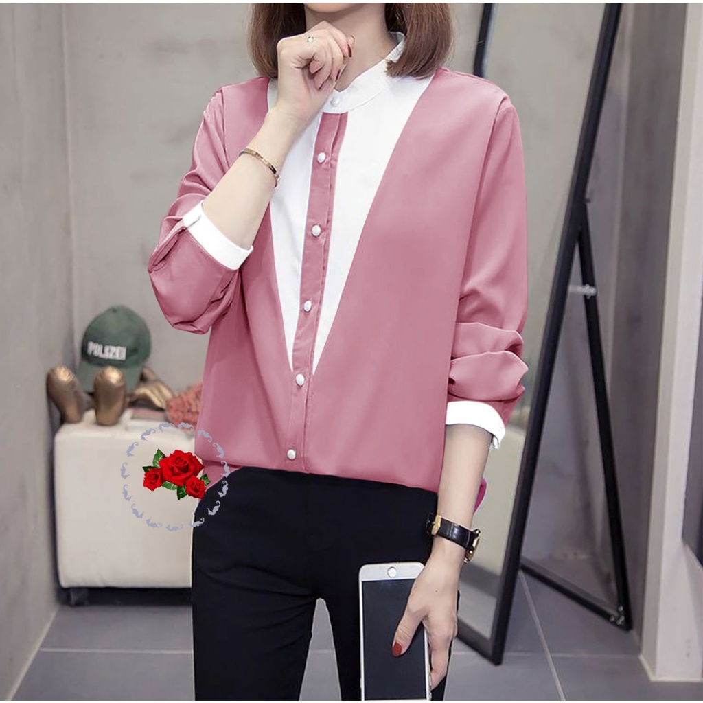 *[IJFK] Blouse Korea Kombinasi V Panjang Wanita / Blouse Wanita / Atasan Kemeja Wanita