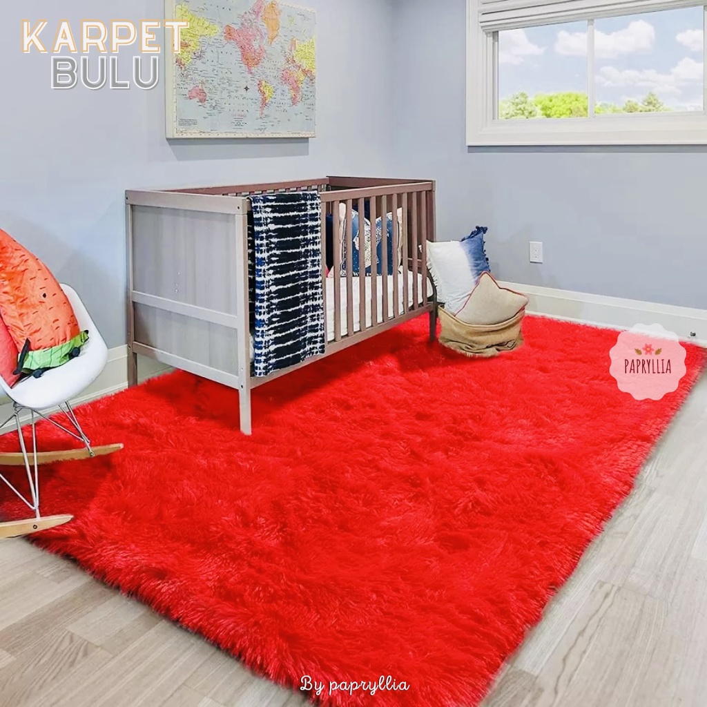 Krucils Store - Karpet Bulu Rasfur Karpet Lantai Kasur Bulu 200x150cm + Busa Tebal ( Merah )