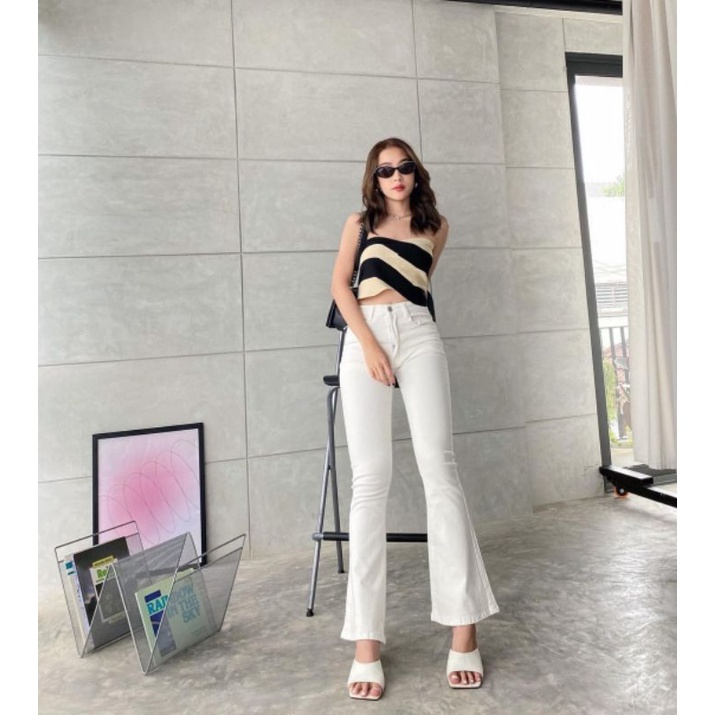 (27-30) WHITE HW CUTBRAY JEANS / PUTIH HW FLARED JEANS / CELANA HW JEANS WANITA CEWEK