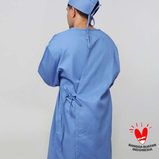 Baju medis APD Gown APD Long Gown Bahan Drill - Surgical Gown - Biru Muda