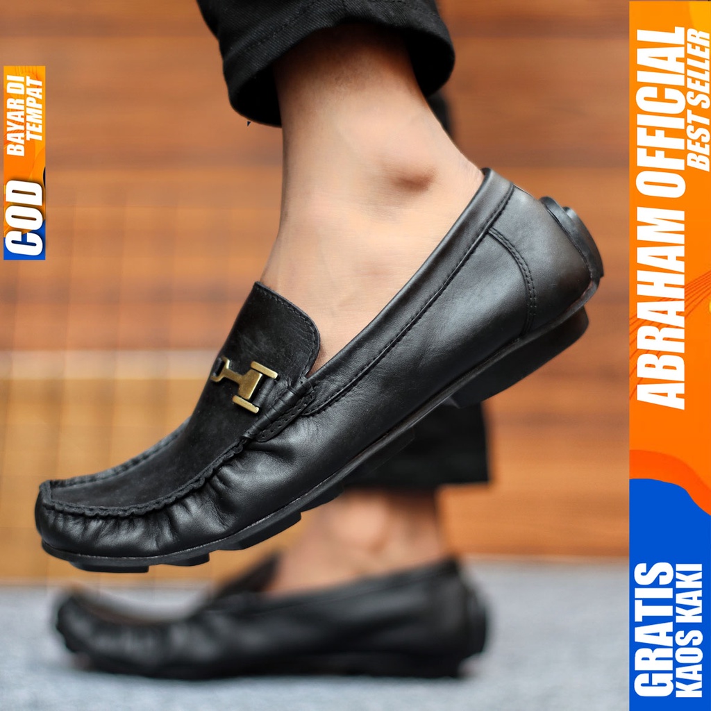 Sepatu Casual Pria Formal Slip On Pantofel Kulit Asli Kerja Kantor Kondangan Kuliah Hitam Fashion Shoes Terbaru Murah Kekinian Original MULIN ABRAHAM