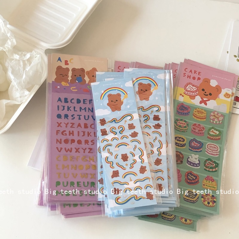 Cute bear rainbow ribbon letter cake laser sparkling sticker diy polaroid card chasing cuckoo card