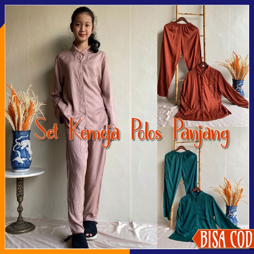 ONE SET RAYON KEMEJA LENGAN PANJANG POLOS Setcel Piyama Pajamas Wanita Bahan Katun Premium Busui
