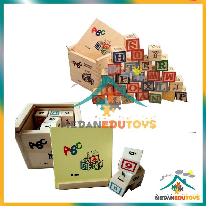 Medanedutoys - Balok Huruf Dan Angka / Balok Alpabet / Abc Wood Blocks - Mainan Edukasi Anak
